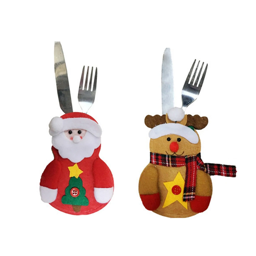

2pcs Christmas Cute Knife And Fork Bags Santa Claus and Elk Tableware Silverware Holder Household Goods Hotel Supplies