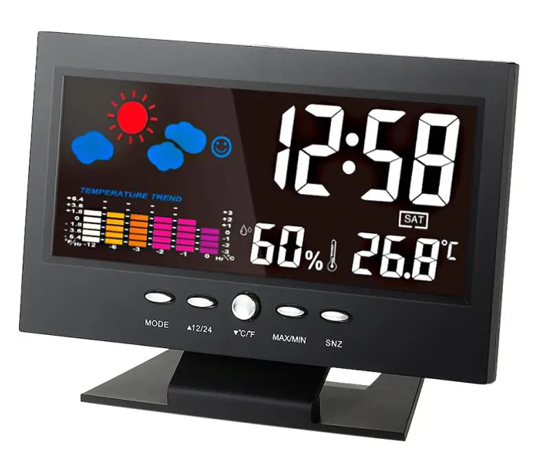 Цифровой термостат многофункциональный температура влажность электронные часы барометр цветной дисплей погода колокольчик Звук управление часы - Цвет: Черный