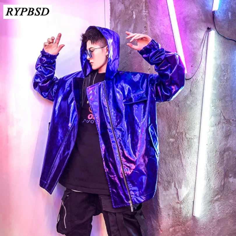 Fashion Bright PU Leather Mens Windbreaker Jackets Hooded Hip Hop Streetwear Bomber Jacket Male Nightclub Coat Fashion Bright PU Leather Mens Windbreaker Jackets Hooded Hip Hop Streetwear Bomber Jacket Male Nightclub Coat