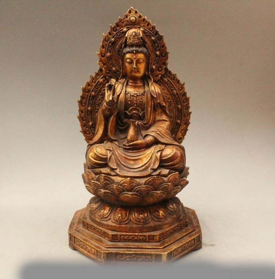 

15" China Convent Bronze Seat Kwan-yin Guan Yin Goddess Boddhisattva Vase Statue