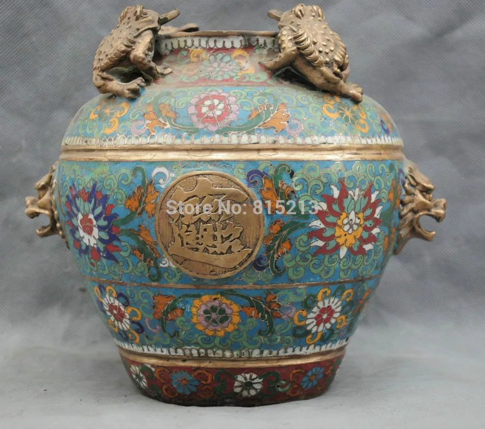 

bi00792 8" Chinese Bronze Hand folk Old Cloisonne Jar toad Lucky statue