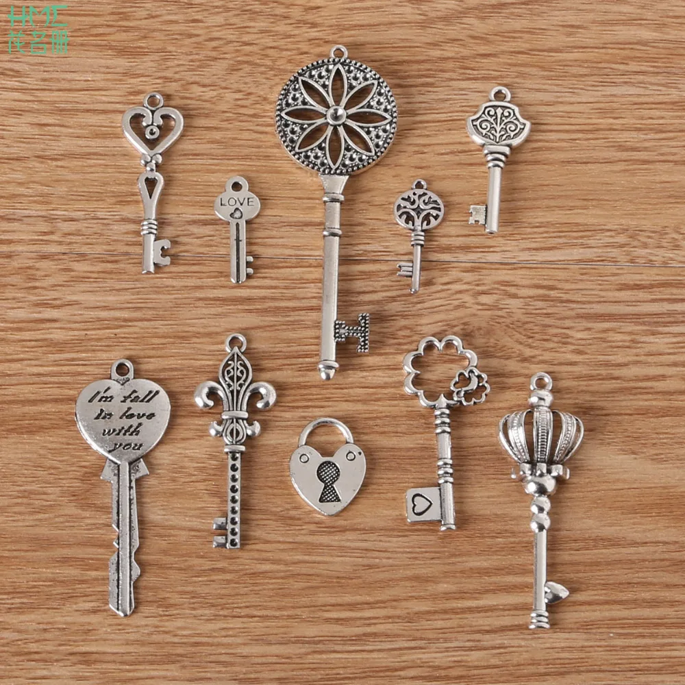 

1~12PCS High Quality 10 Styles Mix Size Antique Silver Plated Zinc Alloy Key & Lock Charms Pendant Jewelry Finding