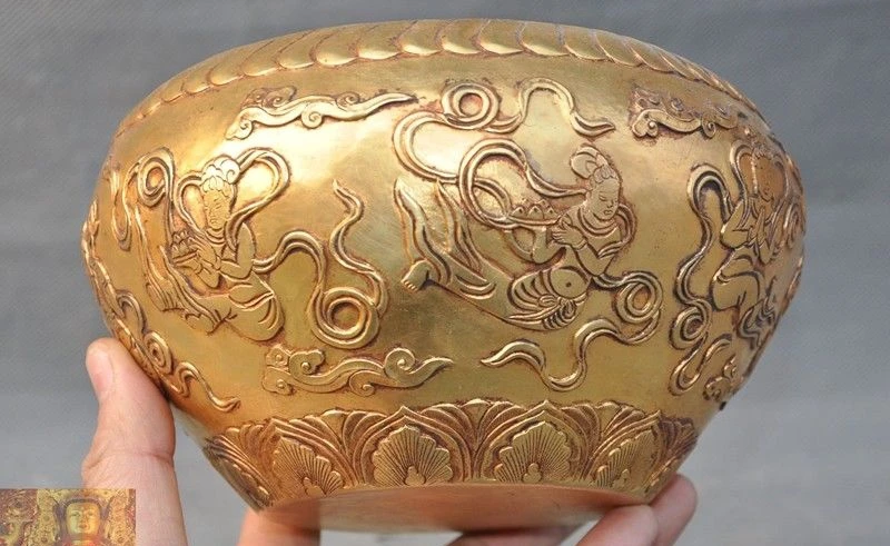 Китайская королевская бронзовая 24 k Золотая позолоченная Фея Белль миска милостыни статуя раковины