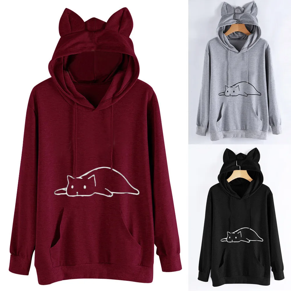 

Sweatshirts Female Hoodie Cat Ear Solid Long Sleeve Hoodie Sweatshirt Hooded Pullover Tops Blouse Plus Size Hoody Sweatshirt