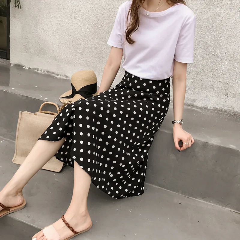 

2019 Hot Women Polka Dot Skirt Fashion High Waist Black Red Chiffon Elascity Casual Party Skirt NS8967
