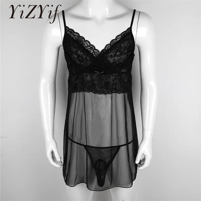 

YiZYiF Sissy Dress For Men Sheer Gay Underwear Sissy Panties Sleeveless Mesh Dress With G-string chastity String Homme Sexy Men