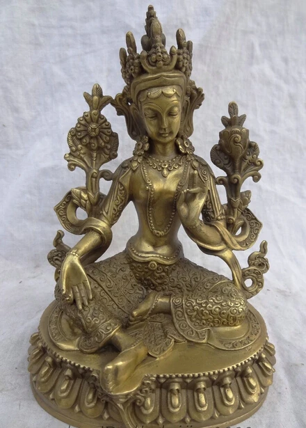 

008933 8" Tibet Pure Bronze Buddhist Lotus Protect Green Tara Goddess Buddha Statue