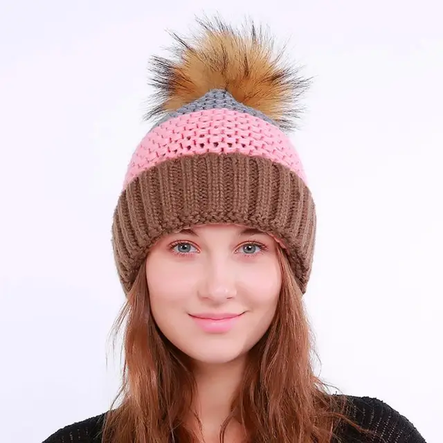 Buy 1Pcs Warm Crochet Winter Hat Faux fur Pom Poms
