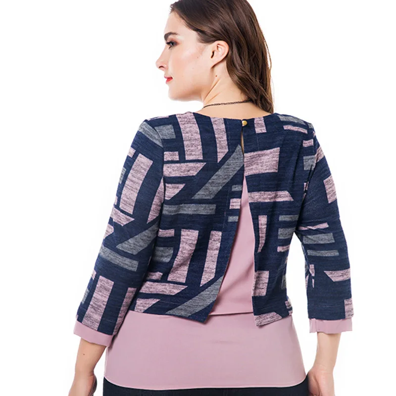 Miaoke plus size t shirt women clothing 2018 autumn new fashion knit elastic print fake two pieces tops 4XL 5XL 6XL