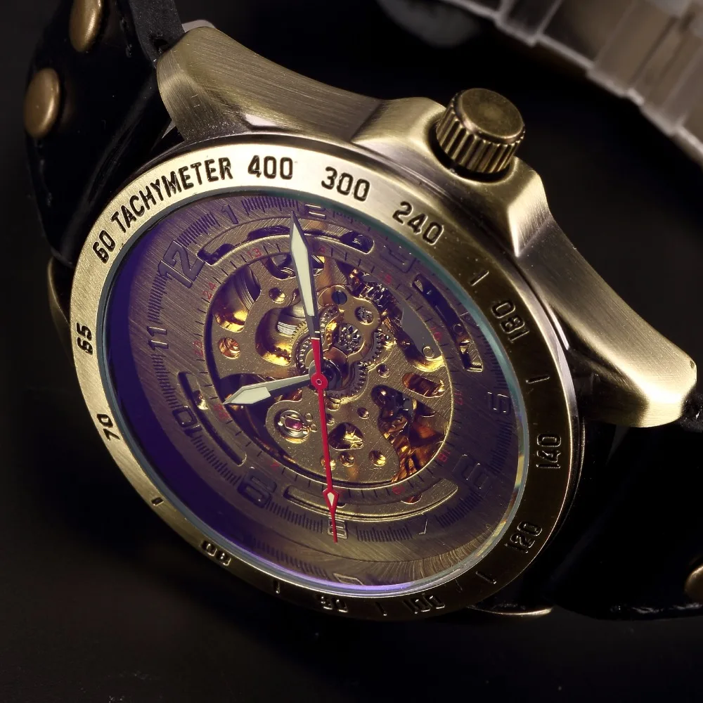 

Автоматические механические мужские часы SHENHUA, бронзовые, в стиле стимпанк, ретро, с кожаным ремешком, наручные часы-скелетоны, мужские часы