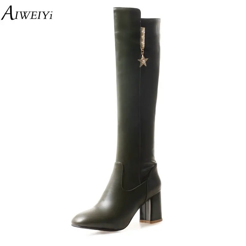 

AIWEIYi New Arrive Women Boots Black Soft PU Leather Zipper Platform Over The Knee Boots Solid Color Ladies Boots Shoes Woman