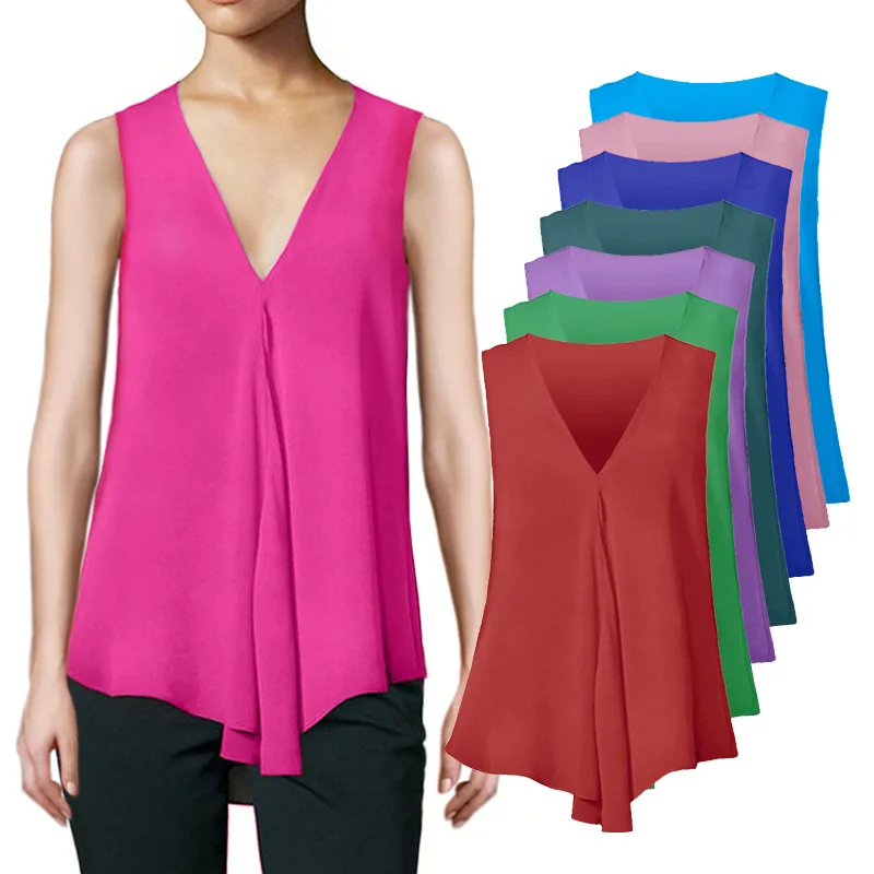 

Fashion Womens V-neck Vest Chiffon Sleeveless Shirt Irregular Hem Solid Color Casual Tank Tops