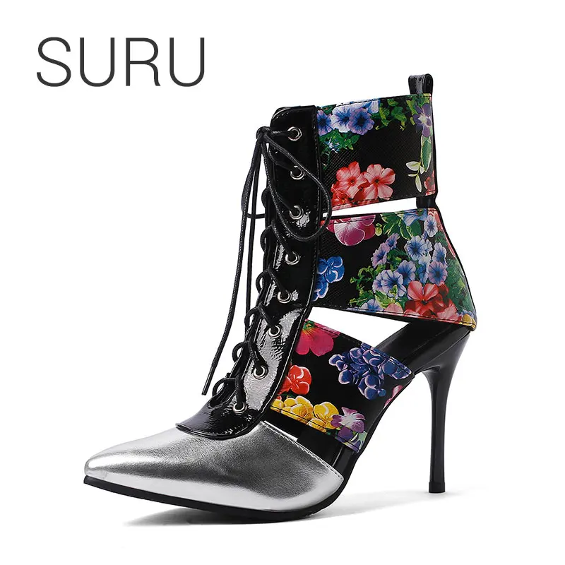 

SURU Women 4'' Thin High Heels Booties Patchwork Printing Pointy Toe Lace Up Ankle Wrap Summer Boots For Ladies