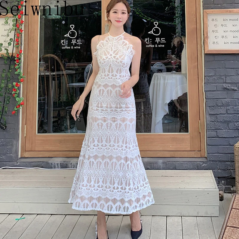 

Bohemia Sleeveless Sexy Halter Neck Backless Cross High Waist Lace up Summer Dress Women Ruffle Lace Dress Beach Boho Maxi Dress