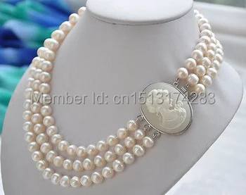 

FREE SHIPPING>>> 3row 17-19" 10mm WHITE ROUND FRESHWATER PEARL NECKLACE