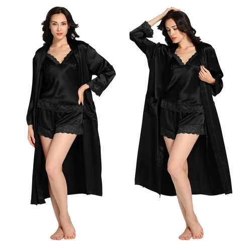 Lilysilk Long Sleepwear 3 Piece Pajama Set Women Mulberry Silk Pure Camisole Wedding Robes 22 MM Sexy Luxury Lingerie Lace - Цвет: Black