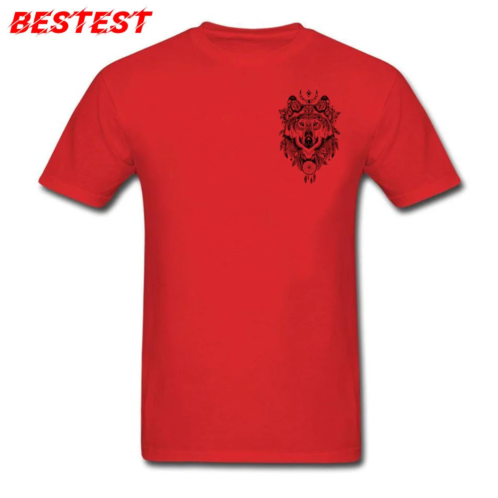 Мужские Топы И Футболки, серая футболка, футболка с волком, Ловец снов, племенное тату, дизайнерская одежда, Винтажный дизайн с животными, хлопковая рубашка - Цвет: Chest Print Red