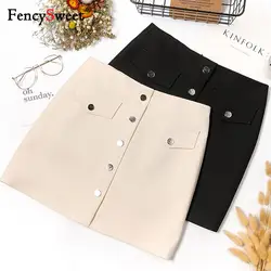 Fencysweet/Винтажная летняя мини юбка с высокой талией, женские юбки-карандаш, однобортный однотонный корейский облегающий, большой размер