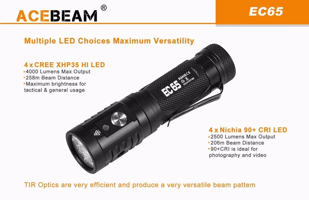 ACEBEAM EC65 тактический фонарик XHP35 HI NICHIA 4x90 + CRI светодиоды max 4000лм луч бросок 258 м Факел