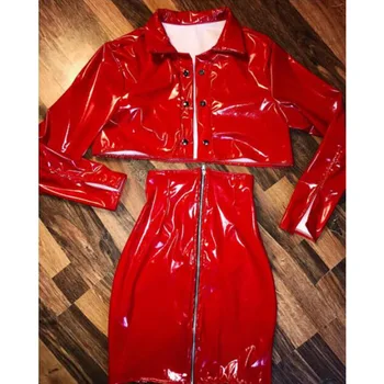 

Women Sexy Long Sleeve Mini Skirt New Fashion Light PU Tops+Skirt 2 Pieces Sets Womens Botton Bodycon Club Party Casual Hot Red