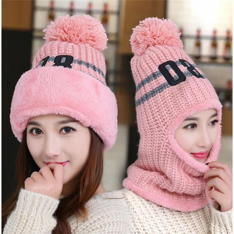 

2019 Autumn Winter Women's Hat Caps Knitted Wool Warm Scarf Thick Windproof Balaclava Multi Functional Hat Scarf Set For Women