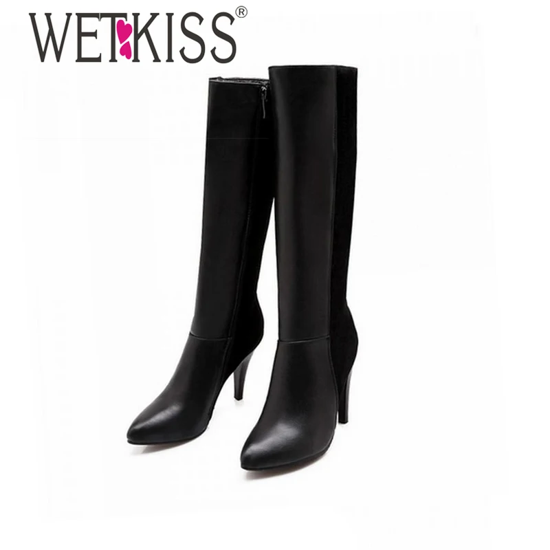 ФОТО WETKISS Big Size 33-43 Fashion Women Knee Boots Sexy Patchwork Spring Winter Boots Vintage High Thin Heels Women Knight Boots
