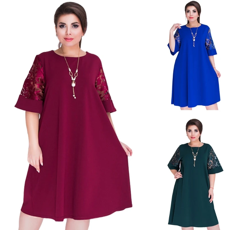 2018 Splice Loose Lace Summer Dresses Plus Size Women Knee-Length Office Dress