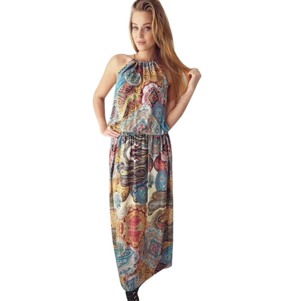 

New long dress ladies sexy backless sleeveless floral print party beach dress summer fashion dresses#20