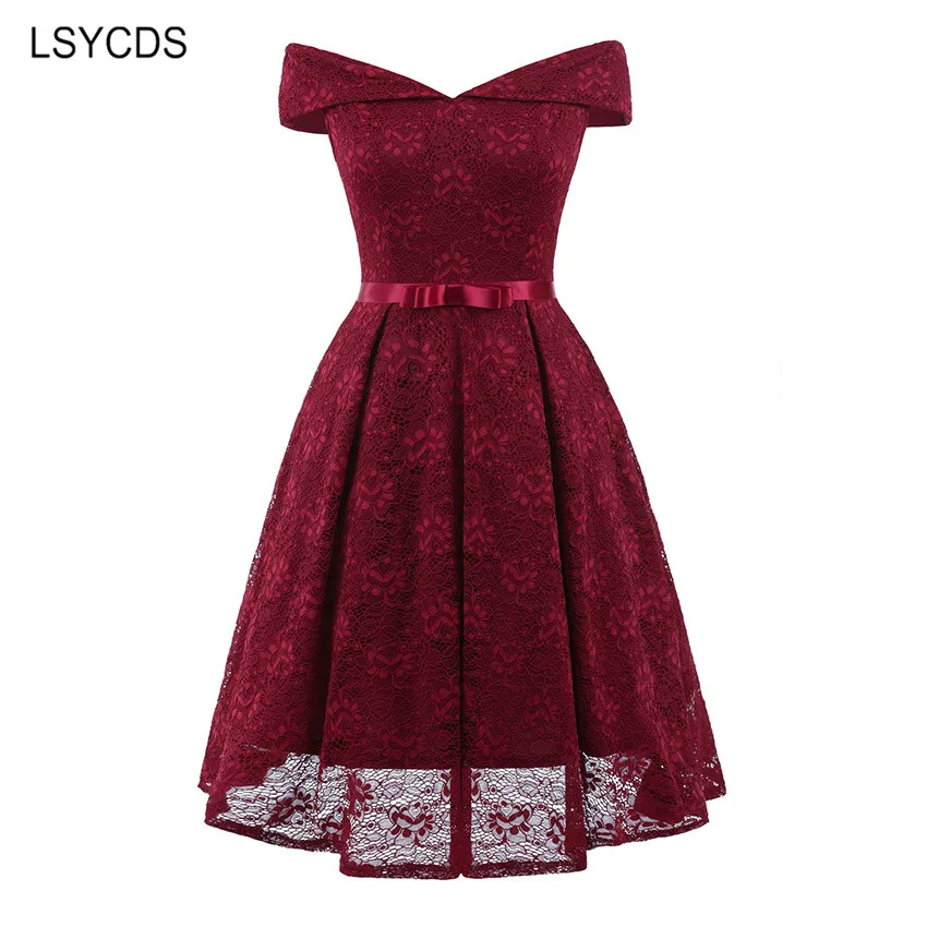 

LSYCDS Wine Red Lace Dress 2018 Summer Elegant Lady 1950s Bow Vintage Dress Women Sexy Slash Neck Party Dresses 5 Colors