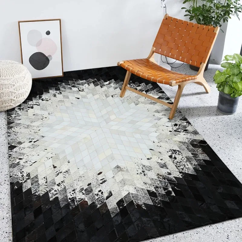 Black & Beige/Creamy White Real Leather Cowhide Patchwork Area Rug MODERN FUR CARPETSin Rug