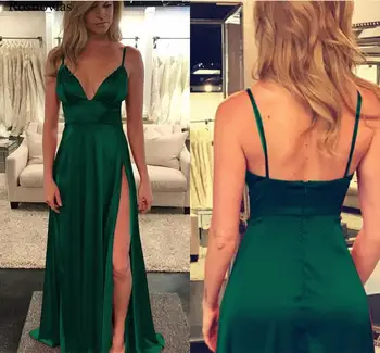 

Sexy Dark Green Prom Dresses 2019 V Neck Backless High Split Sweep Train Simple Cheap Evening Party Dresses Formal Gowns Custom
