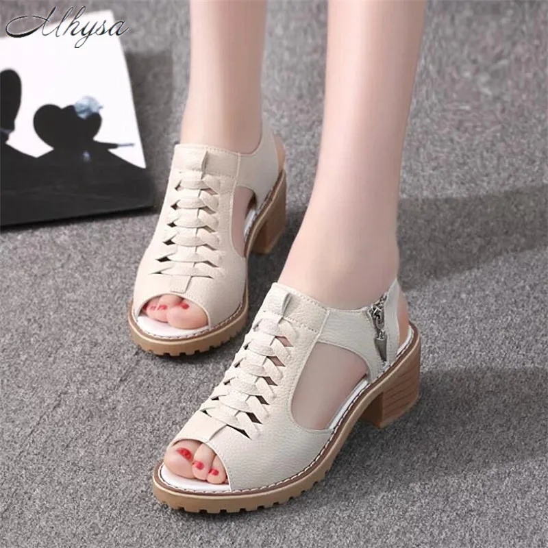 

Mhysa 2019 Hot Vintage Elegant Mid Square Heel Women's Sandals Summer Style Peep Toe Cross Tied Side Zip Design ladies Shoes T09