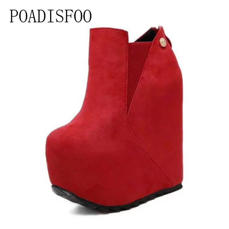 

POADISFOO Women's Super High Wedge Platform Red Boots Martin Ankle Boots women's 16cm High Heel Boots Roman Boots .JXQ-T555