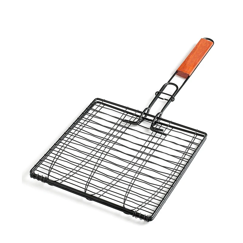 DIY Non stick Triple Fish Grilling Basket with wood Handle Outdoor BBQ