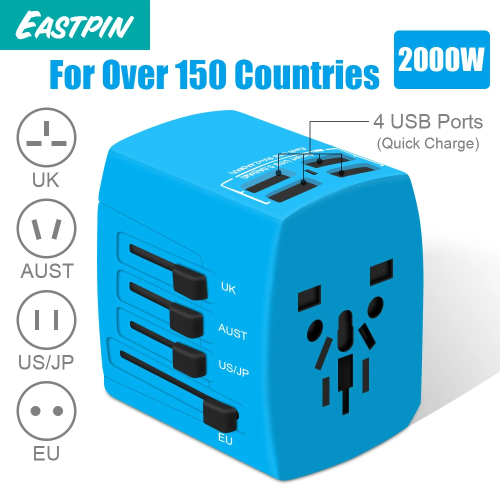 

2000W International Travel Power Adapter, Universal Power Adapter 4 Quick Charge USB 3.0 Ports UK, EU, AU, US,Over 150 Countries