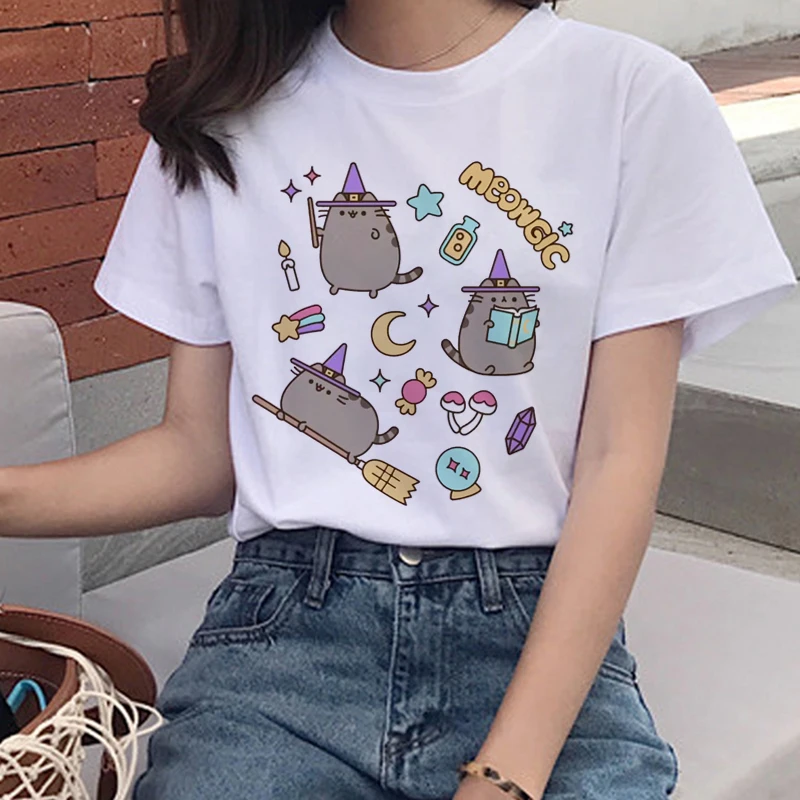 Kawaii Pusheen Cat, женские футболки, Harajuku Ullzang, забавная футболка, 90 s, мультяшный принт, футболка, графический корейский стиль, женские футболки