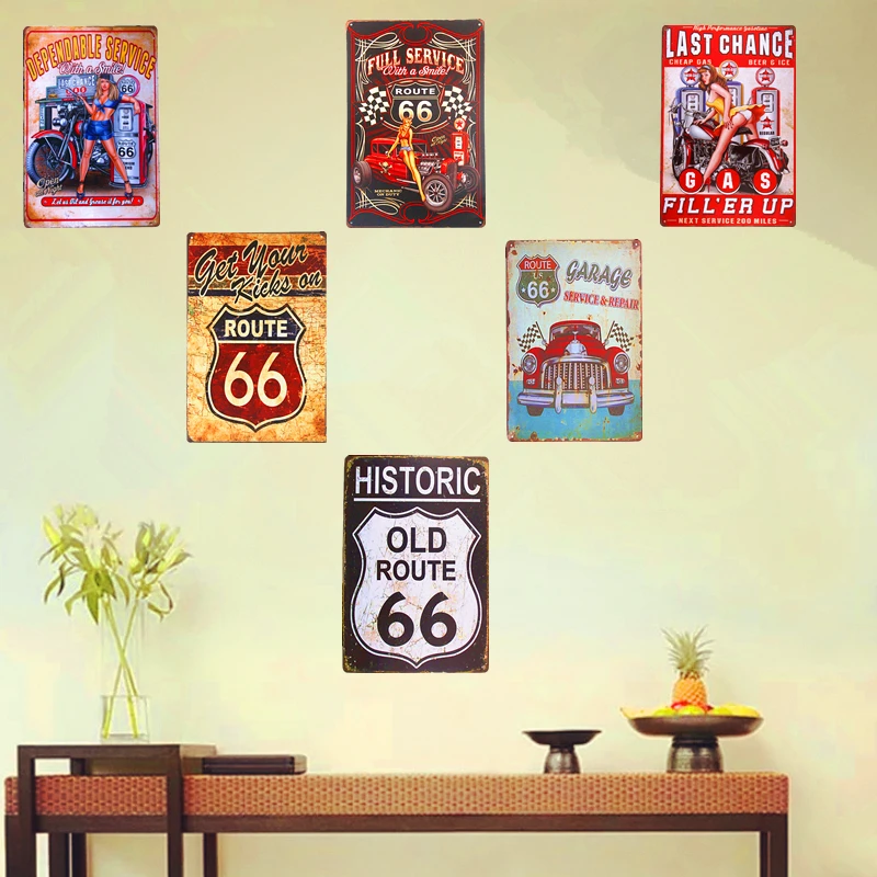 Shabby chic Metal Tin Signs Pin up Girl Route 66 Highway History Mother Road Wall Plaque Poster Garage Bar Pub iron Wall Decor