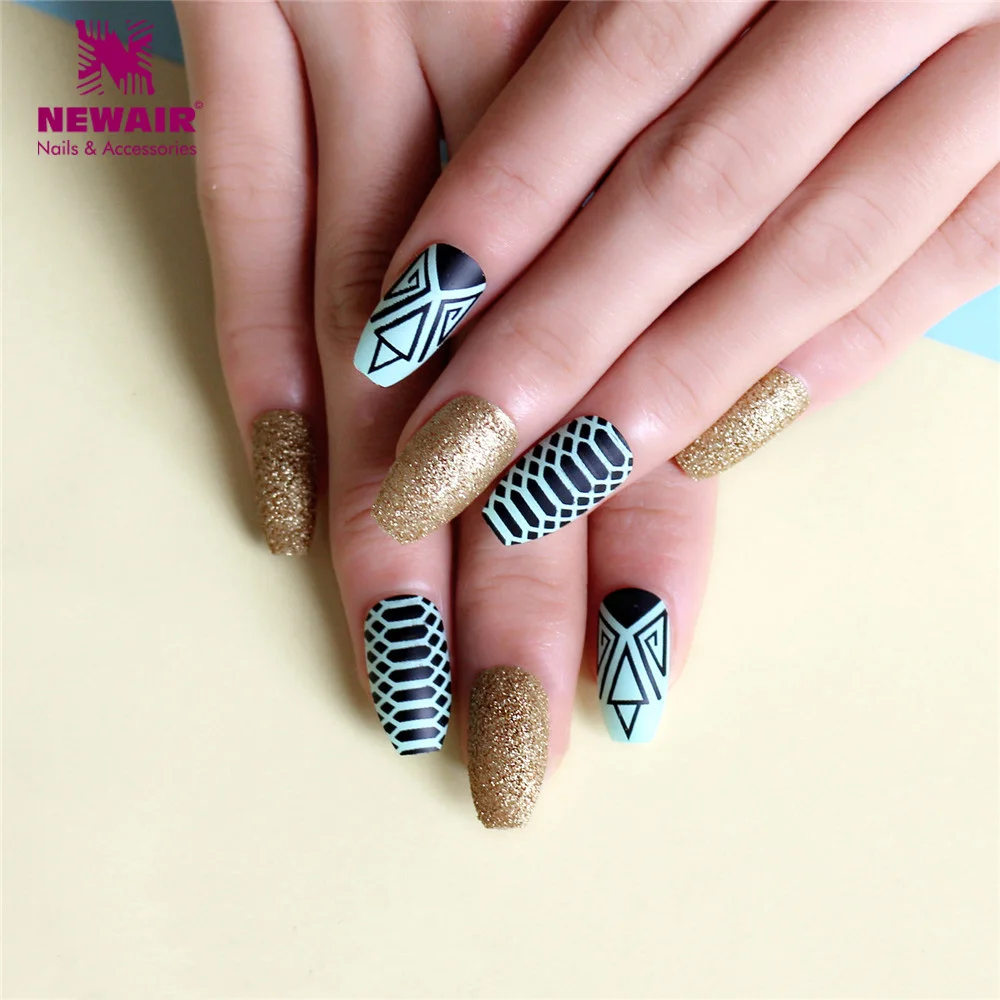 

Ballerinas Fake Nails with Designs 24pcs Green Coffin Nail Tips Women Artificial Nail Art DIY