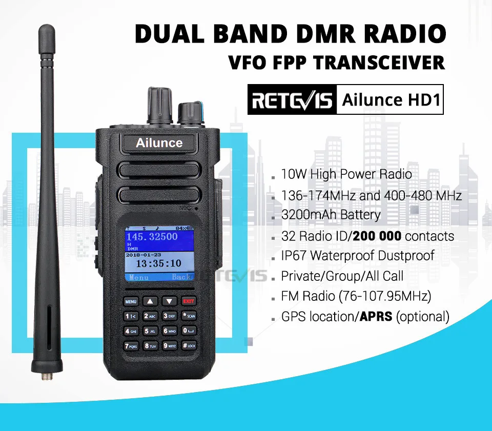 AilunceHD1 Dual Band IP67DMR Ham Digital Radio 3000CH 3200mAh Walkie Talkies+Acc 