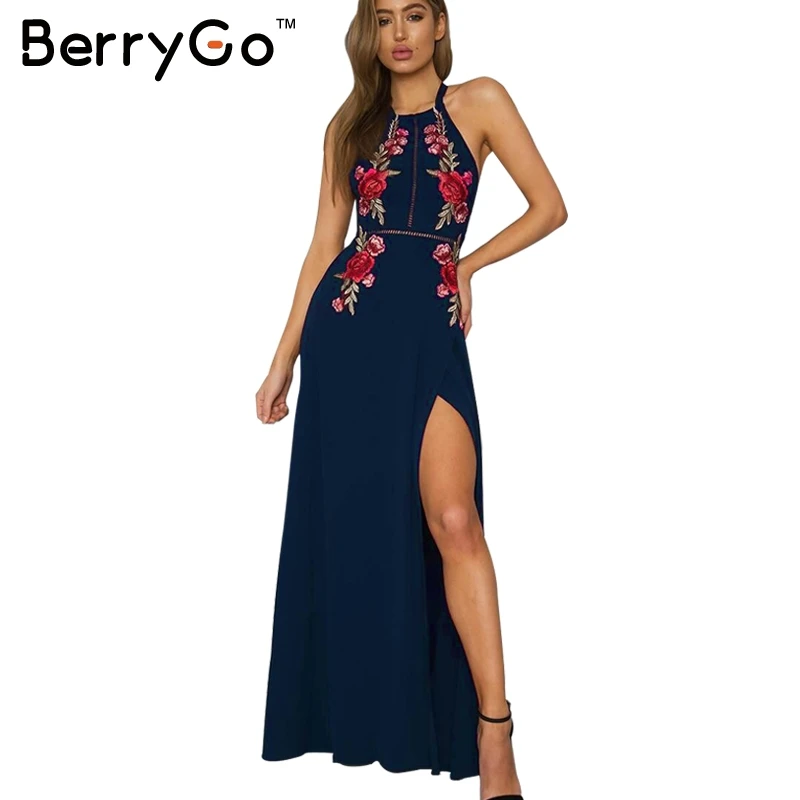 Goedkoop BerryGo Borduren halter backless lange jurk vrouwen Sexy hoge split lange jurk 2017 Party kerst zwarte vintage jurk femme