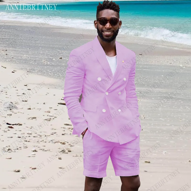 

ANNIEBRITNEY Summer Mens Suits With Short Pants 2019 Violet Double Breasted Casual Man Blazer Sets Tailored Slim Fit Men Tuxedos