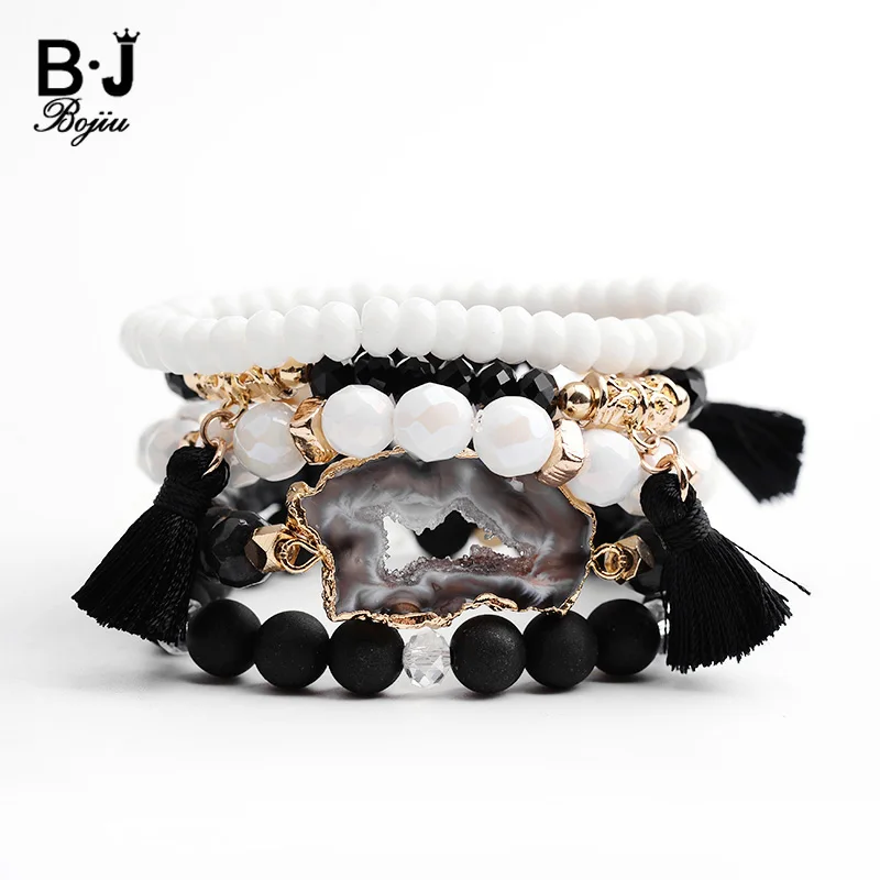 

BOJIU Natural Druzy Bracelet For Women Fashion Black White Charm Bracelets Set Exquisite Crystal Stone Bracelet Jewelry BCSET106