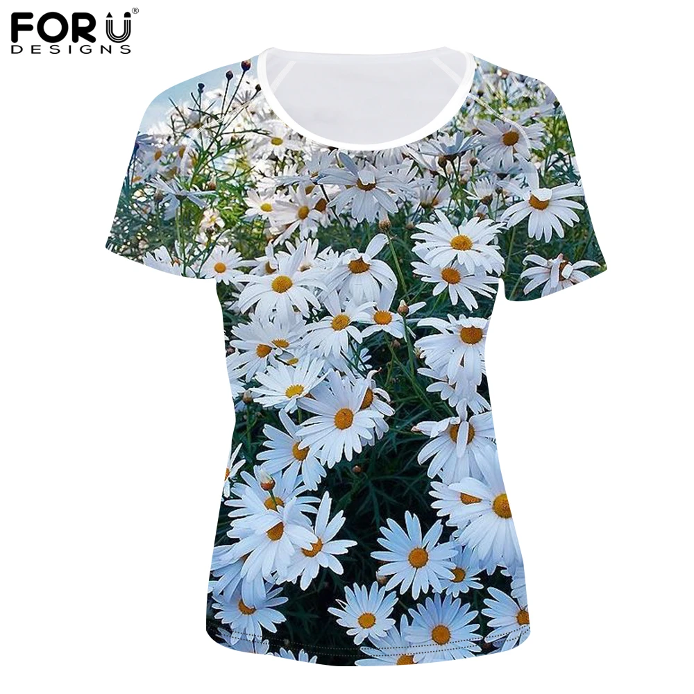 

FORUDESIGNS Chamomile Flower Printing Women T Shirts Imperivious Short Sleeves Summer 3D T- shirts Bodybulding Top Tees Girls