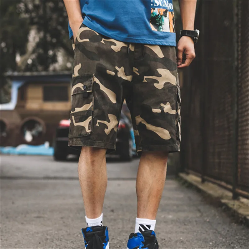 

Camouflage Mens Cargo Shorts Knee Length Solid Cotton Cool Loose Breathable Pockets Hip Hop Streetwear Camo Men Shorts