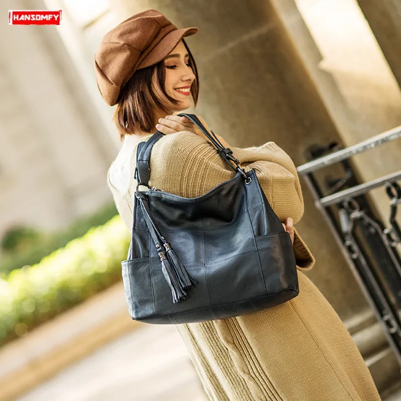 

2019 New Women tassel shoulder bag handbag casual genuine leather simple cross-pack large capacity messenger crossbody bags