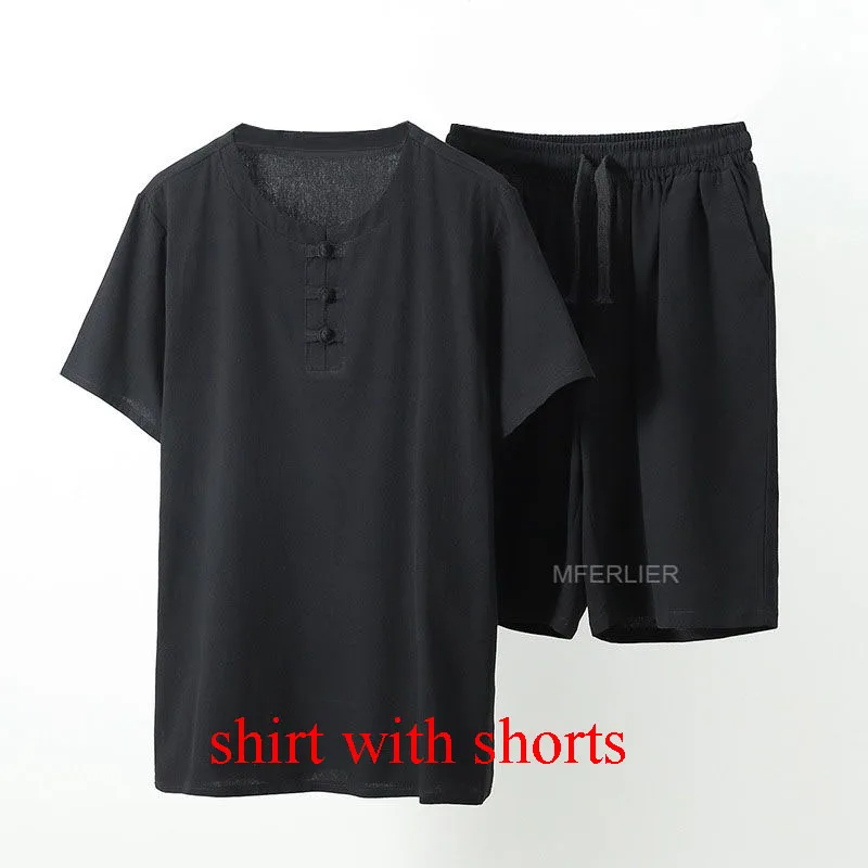 Black with shorts MFERLIER Летняя мужская рубашка 5XL 6XL 7XL 8XL 9XL 10XL бюст 157-162 см размера плюс льняная рубашка большого размера с шортами Мужская 5 цветов - Цвет: Black with shorts