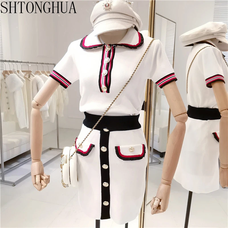 

SHTONGHUA Runway Summer 2pcs Women Hit Knitted Striped Sweater Tops Skirt Suits + Single Breasted Pencil Button Clothing Sets