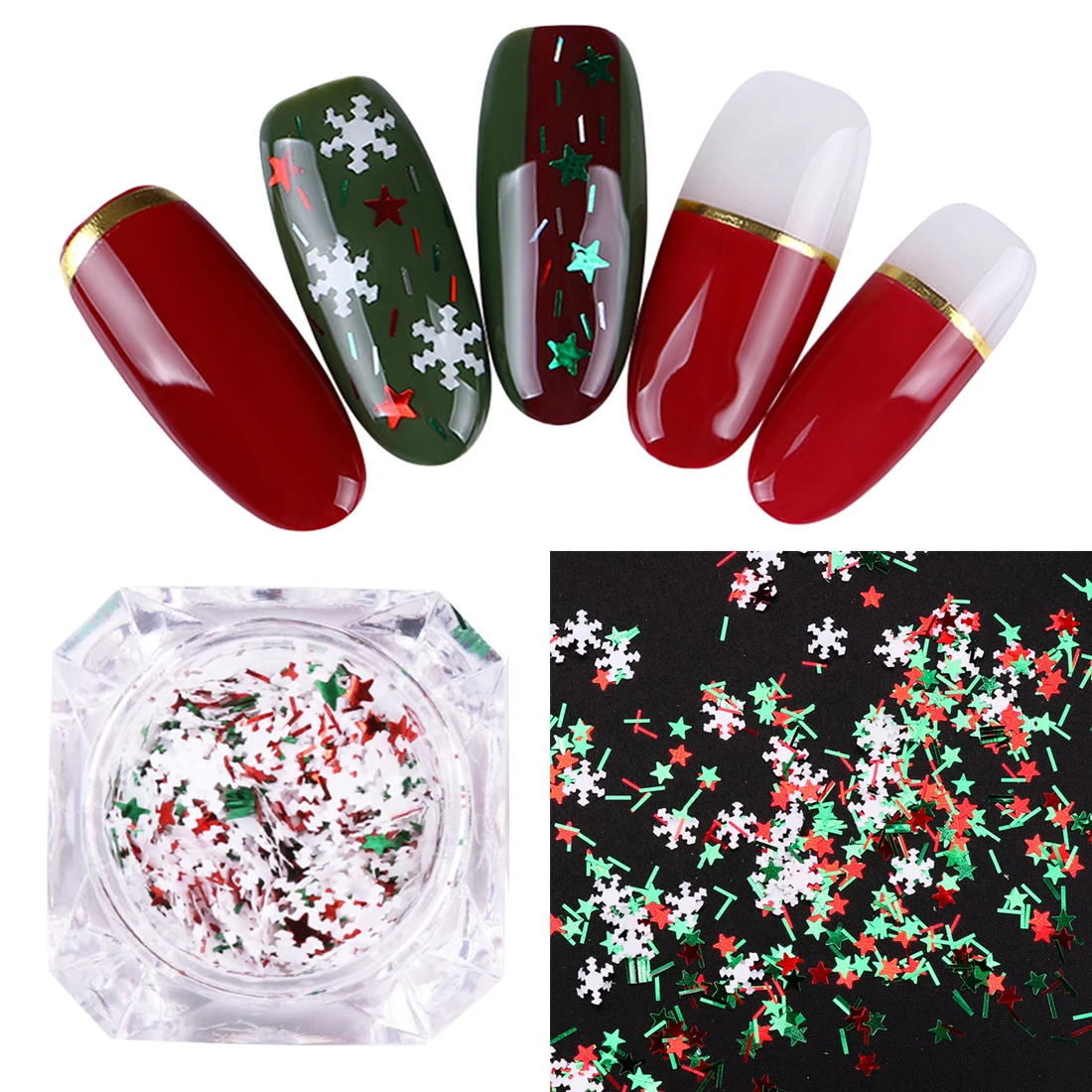 Xmas Nail красный зеленый Звезда Сердце и в полоску с белыми Снежинка смешивания Цвет Форма Flake Nail Блестки блестка Рождество декоры