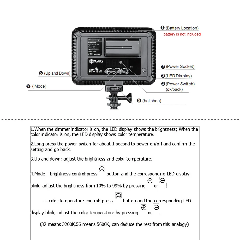 PT-12B светодиодный светильник для фотосъемки, заполняющий светильник, панель 3200-5600K с адаптером «Горячий башмак» для цифровых зеркальных фотокамер Canon, Nikon, Olympus