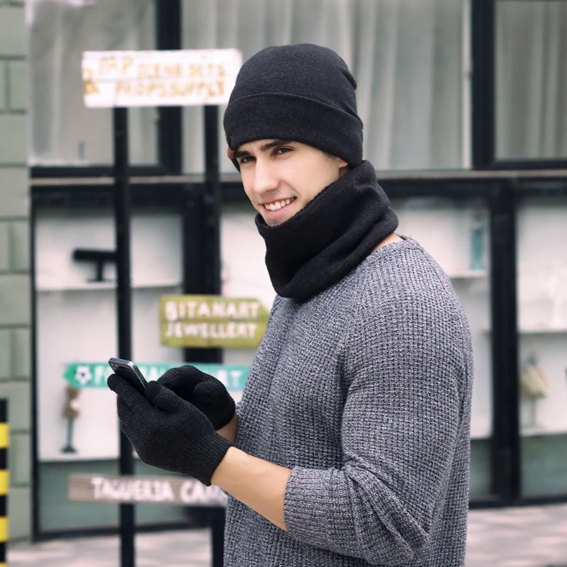 2018 зимние унисекс Для женщин Для мужчин 3 шт. шапка шарф Сенсорный экран перчатки теплый комплект модные однотонные комплект акрилового